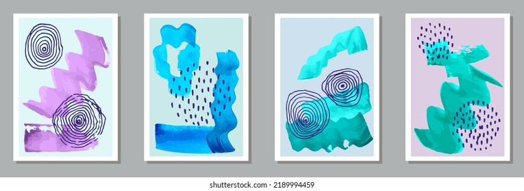 Hand drawn trendy posters vector set. Watercolor smudges patterns. 60s style prints. Cool banner templates. Doodle elements.