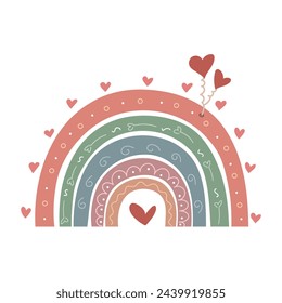 Dibujado a mano arco iris de moda decorado con corazones. Arcoiris escandinavo. Bonita decoración en tonos pastel. Ilustración de vector