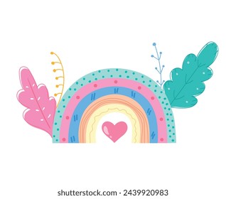 Hand drawn trendy rainbow decorated with plants. Scandinavian rainbow. Cute decoration in bright colors. Vector illustration