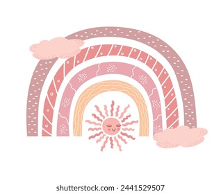 Hand drawn trendy rainbow decorated with sun. Scandinavian rainbow. Cute decoration in pastel colors. Vector illustration