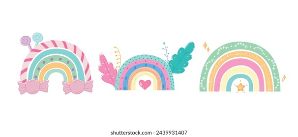 Hand drawn trendy rainbows with decorations. Scandinavian rainbow set. Cute decorations in candy colors. Vector illustration