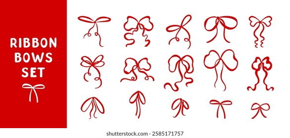 Hand drawn trendy red ribbon bows set. Minimalist various bow knots, tie ups, gift bows. Wedding celebration, holiday, party decoration, gift, present concept. Elegant vintage vector illustration.