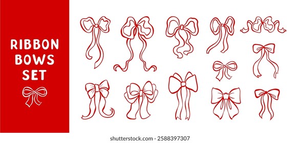 Hand drawn trendy red ribbon bows set. Minimalist various bow knots, tie ups, gift bows. Wedding celebration, holiday, party decoration, gift, present concept. Elegant vintage vector illustration.