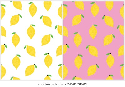 Hand Drawn Trendy Seamless Vector Pattern with Yellow Lemon Fruits Isolated on a White and Light Pink Background. Infantile Style Crayon Drawing-like Endless Print with Lemons. 