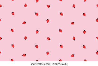 Hand Drawn Trendy Seamless Vector Pattern with Red Strawberries Isolated on a Pink Background. Cute Simple Endless Print with Red Tiny Strawberries. Sweet Fruits Print ideal for Wrapping Paper. RGB.