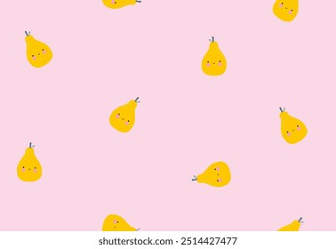 Hand Drawn Trendy Seamless Vector Pattern with Yellow Pears Isolated on a Pastel Pink Background. Cute Simple Endless Print with Happy Pears. Sweet Kawaii Fruits Print ideal for Wrapping Paper. RGB.