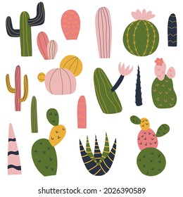 Hand drawn trendy set with bright cactus set. Succulent vector illustration. Mexican national plants. Illustration for children design. svg
