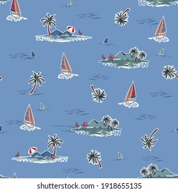 Hand drawn Trendy Summer Ocean island seamless pattern vector. Landscape with palm trees,boat and flamingo,shark, vacation vibes vector beach elements hand sketch style on cool blue color background 