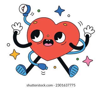 Hand drawn trendy traditional cartoon illustration of a heart with a stethoscope around it