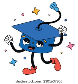 Hand drawn trendy traditional cartoon illustration of graduation cap and stars