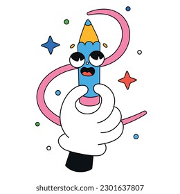 Hand drawn trendy traditional cartoon illustration of pencil with face and ribbon around it