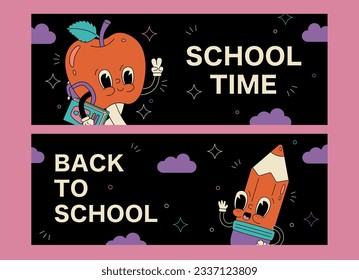 Hand drawn trendy traditional cartoon back to school flyer banner template apple pencil mascots