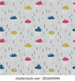 Hand drawn trendy vector illustration with color clouds and rains. Rainy day. Seamless pattern in the scandinavian style. Childish illustration for textile, fabric, wallpaper, wrapping paper etc