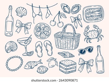 Hand drawn trendy vector illustration of Italian summer vacation theme. Seafood, lemon, cocktail, bows, seashells etc in doodle sketch style. Sea weekend, beach party, picnic concept.