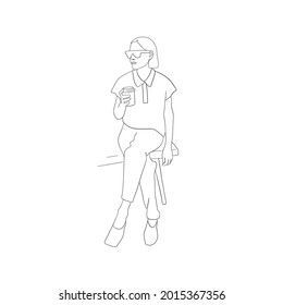 Hand drawn trendy woman drinks coffee. Coloring fashion illustration. Sketch of girl. Linear female silhouette. Vector design for sticker, cover, poster. 