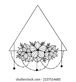 Marco floral de triángulo dibujado a mano. Bordes florales decorados con flores delicadas dibujadas a mano, ramas, hojas, ilustración de flores