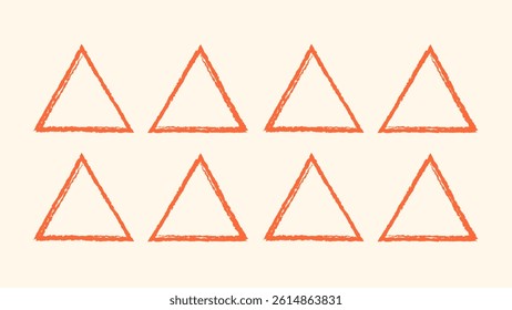 Hand drawn triangle scribble frame. Rough crayon line shape in triangle form. Childlike sketchy pastel stroke triangle. Doodle style triangle grunge set. Vector image.