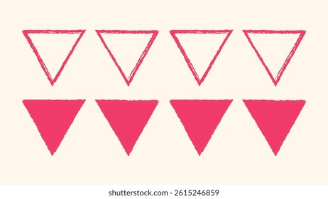 Hand drawn triangle shapes in dirty brush and sketchy crayon styles. Rough textures meet playful doodles. Vector triangle frame set.