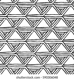  Hand drawn triangle spiral geometric vector pattern in ethnic style. Endless triangle ornament.