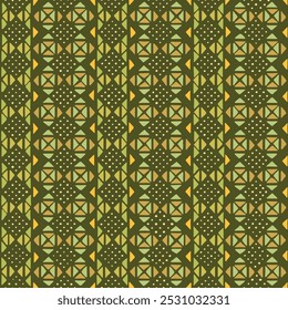Triángulos y puntos dibujados a mano. Fondo repetitivo verde. Patrón sin fisuras de Vector. Motivos étnicos tradicionales. Arte decorativo popular. Muestra de tela. Papel de embalaje. Plantilla de diseño textil 