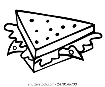 Hand drawn triangular sandwich with lettuce, cheese and meat in doodle style isolated on white background. Vector icon illustration. Stylized images of food from fast food restaurants, cafe, menu.
