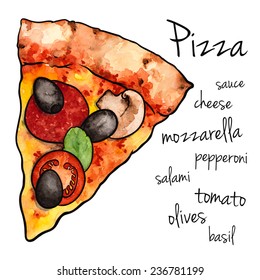 Hand Drawn Triangular Slice Of Pizza, Watercolor Sketch,Vector Illustration For Food Design.