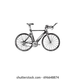 Hand Drawn Triathlon Bike Sketch Symbol. Vector Competition Bicycle Element In Trendy Style.