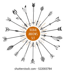 Hand drawn tribal arrows set with orange circle and text in the middle. Vector illustration