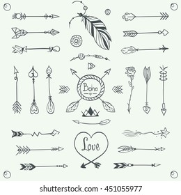 Hand Drawn Tribal Arrows Vector. Bohemian Style Illustration
