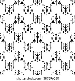 Hand drawn tribal background with arrow, feathers and geometric symbols boho, aztec style. Tribal pattern