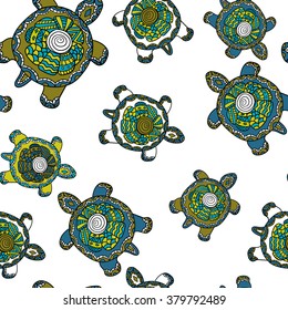 Hand drawn tribal background.Vector seamless ethnic pattern with multicolored ornamental turtles. can be used for wallpaper, pattern fills, web page background,surface textures. animal background