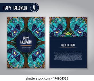 Hand drawn tribal bat in the forest for Happy Halloween card. Vector illustration with oriental ornaments. Doode art wild nature.