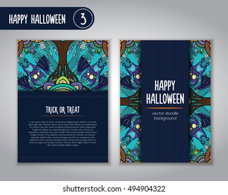 Hand drawn tribal bat in the forest for Happy Halloween card. Vector illustration with oriental ornaments. Doode art wild nature.