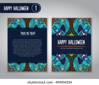 Hand drawn tribal bat in the forest for Happy Halloween card. Vector illustration with oriental ornaments. Doode art wild nature.