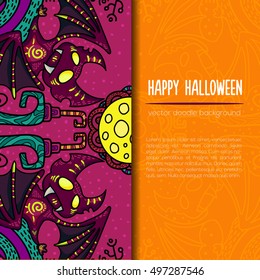 Hand drawn tribal bat in the forest for Happy Halloween card. Vector illustration with oriental ornaments. Doode art wild nature.