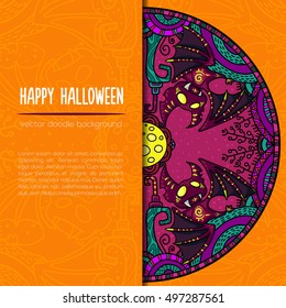 Hand drawn tribal bat in the forest for Happy Halloween card. Vector illustration with oriental ornaments. Doode art wild nature.