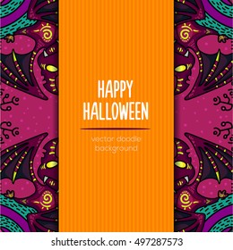 Hand drawn tribal bat in the forest for Happy Halloween card. Vector illustration with oriental ornaments. Doode art wild nature.