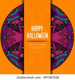 Hand drawn tribal bat in the forest for Happy Halloween card. Vector illustration with oriental ornaments. Doode art wild nature.