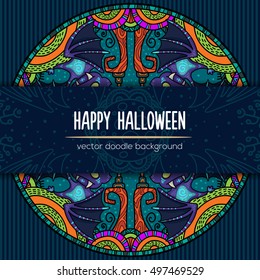 Hand drawn tribal bat in the forest for Happy Halloween card. Vector illustration with oriental ornaments. Doode art wild nature.
