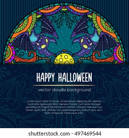 Hand drawn tribal bat in the forest for Happy Halloween card. Vector illustration with oriental ornaments. Doode art wild nature.