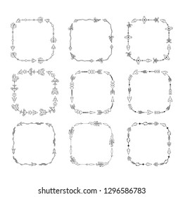 Hand drawn tribal boho arrow square frames collection. Ink aztec border. Bohemian style tattoo. Ethnic wreaths.