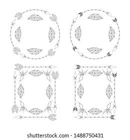 Hand drawn tribal boho arrow frames, feather borders. Gypsy style wreath with quills. Ink aztec background. 