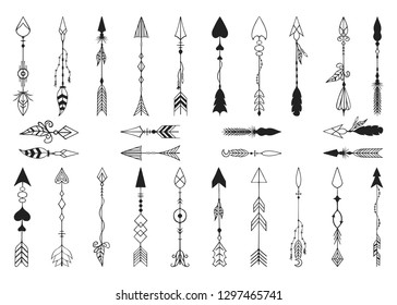 Hand drawn tribal boho arrows with feathers in indian style. Ink aztec tattoo. Scandinavian border collection.