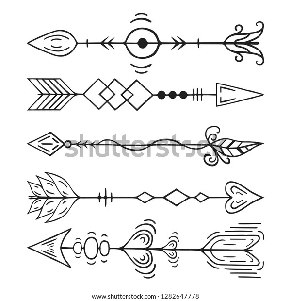 Hand drawn\
tribal boho arrows with feathers in native indian style. Ink aztec\
tattoo. Scandinavian bohemian\
border.