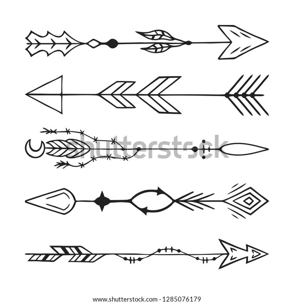 Hand drawn tribal boho\
arrowsin native indian style. Ink bohemian tattoo. Scandinavian\
page divider.