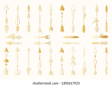 Hand drawn tribal boho golden arrow dividers with feathers in indian style. Ink aztec tattoo. Scandinavian gold border collection.