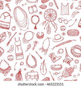 Hand Drawn Tribal Boho Seamless Pattern With Accessories. Ethnic Fashion Vector Print. Background Texture.