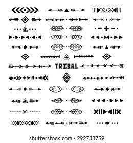 Hand drawn tribal collection with stroke, line, arrow, decorative elements, feathers, geometric symbols ethnic style