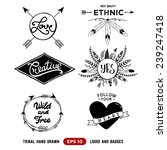 Hand drawn tribal design vector elements. Aztec logos and badges. Arrow wreath. Feather and arrows frame.