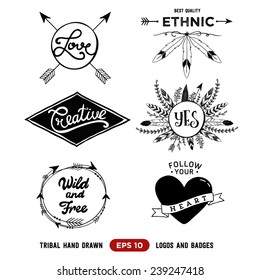 Hand Drawn Tribal Design Vector Elements. Aztec Logos And Badges. Arrow Wreath. Feather And Arrows Frame.